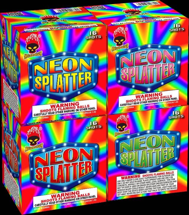 Neon Splatter 16 Shot Standard Aerial Standard Aerial Cakes (Up to 200 Grams)